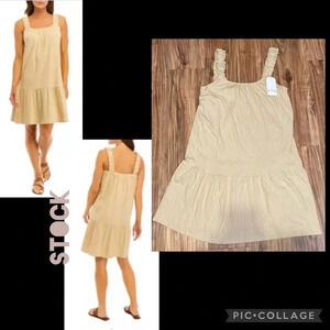 Wonderly women’s dress large 12 14 ruffle tan khaki beige sleeveless stretch NWT